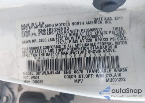 2011 Mitsubishi Endeavor из США, поврежденный, VIN 4A4JN2AS5BE035584